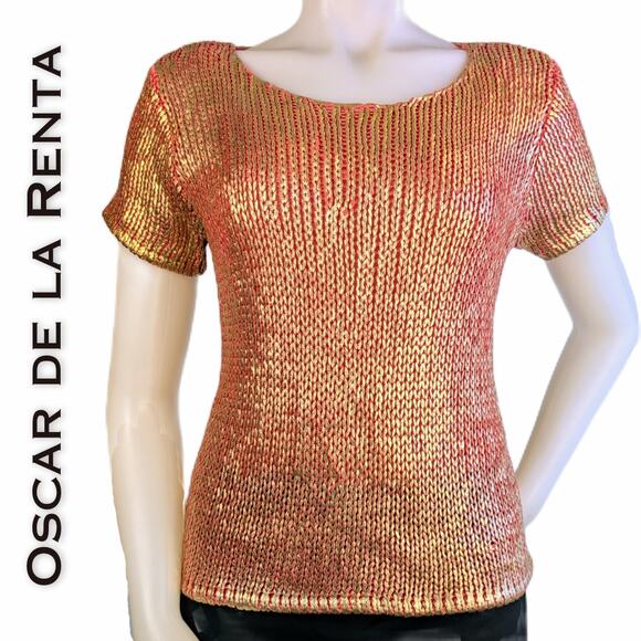 Oscar de la Renta Sweater VTG Petite Med Coral Gold Shimmer Short Sleeve Ribbed - Picture 1 of 9